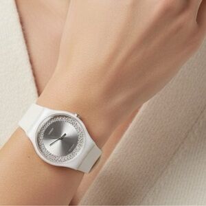 Swatch Watch SUOW35 White Crystal Bezel Swiss made Sunburst Dial | New battery